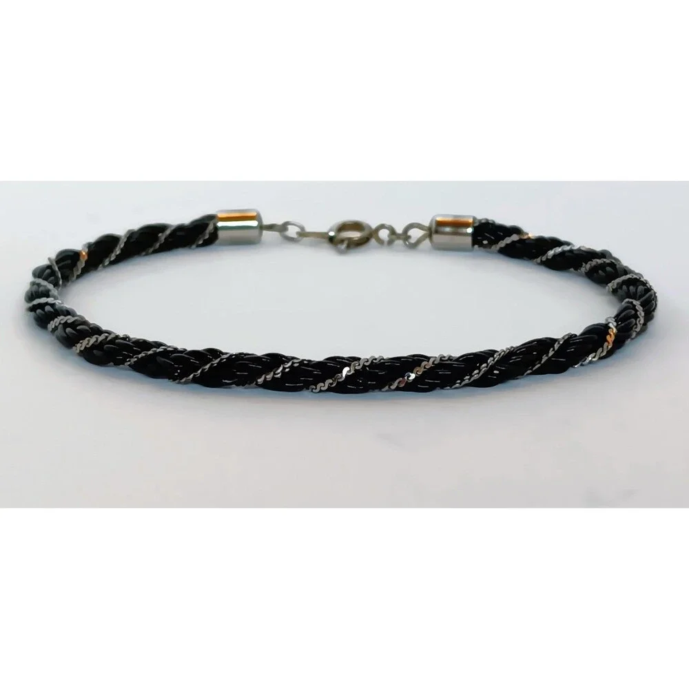 Vtg Bracelet Black & Gold Tone Chain Braid Signed Korea Cute 7 1/2”